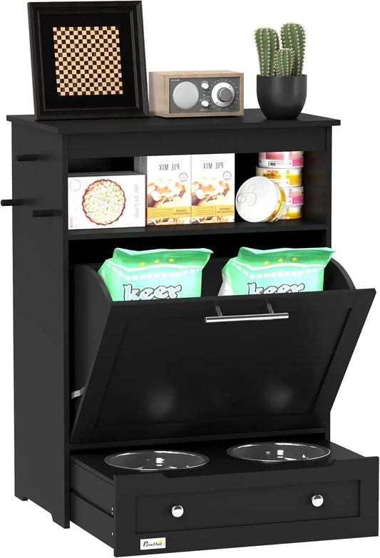Dog Feeding Station, Dog Food Storage Pet Feeder Cabinet Container with Dog Raised Bowls and Hanger for Feeding