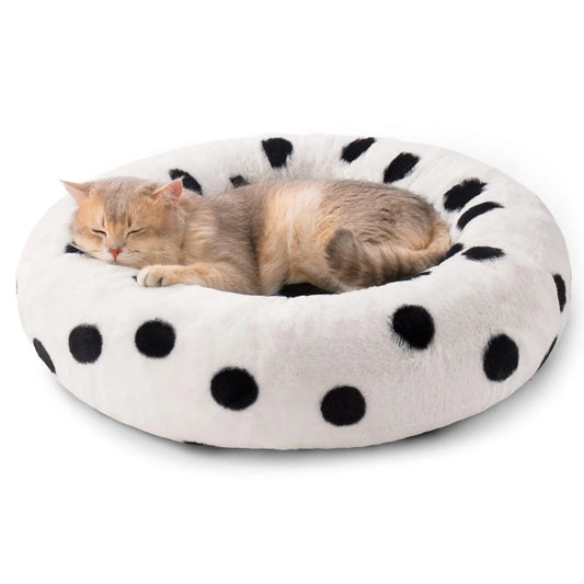 MEWOOFUN Cat Beds Round Washable Bed with Jacquard Shaggy Plush Non-Slip Bottom Calming Pet Bed for Indoor Cat Small Dog