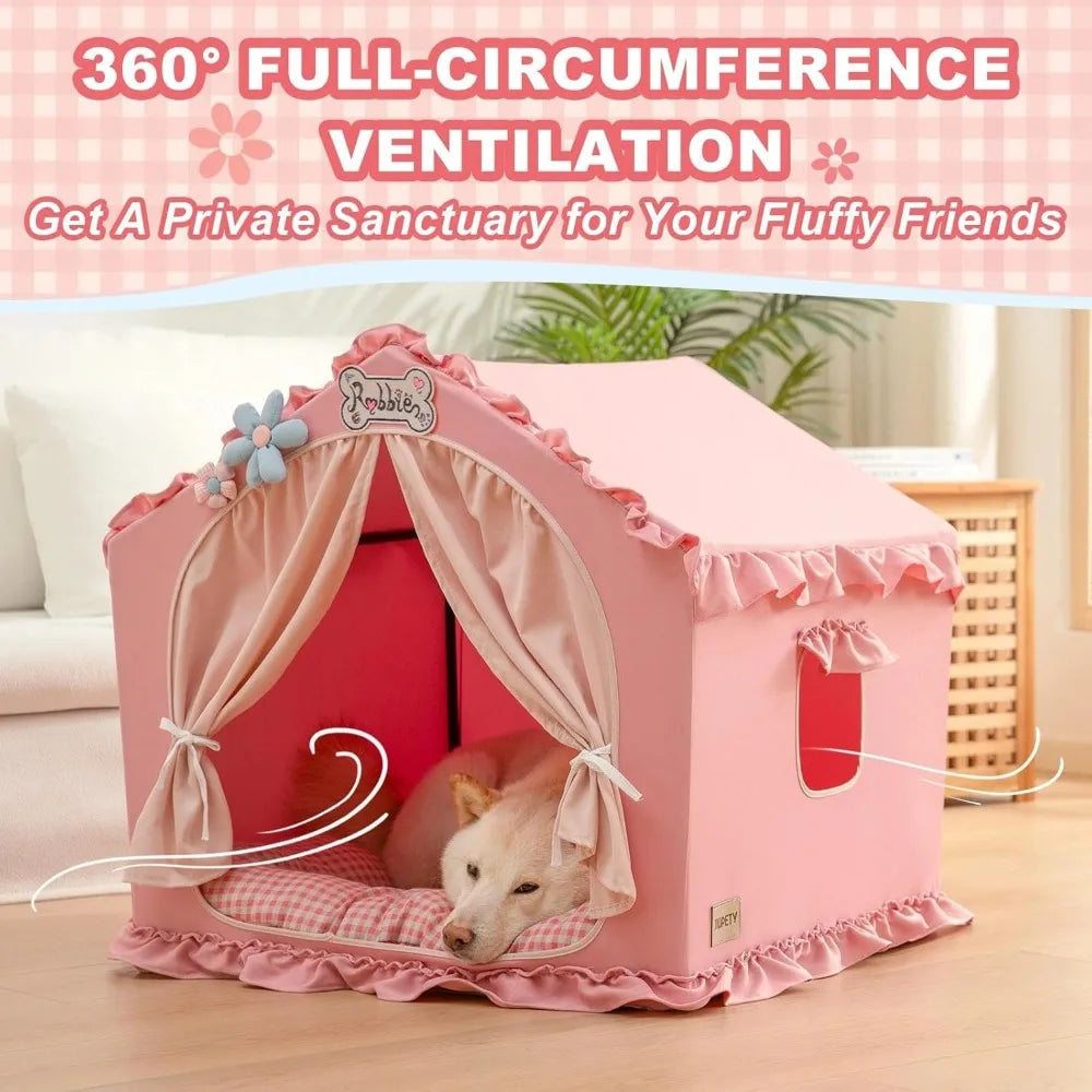 Indoor Dog House with Frame, Cute Dog Tent Bed with Cover Cave, Breathable, Washable, and Foldable House, Suitable for 20-40 Lb