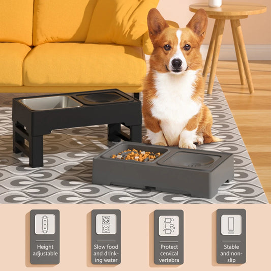 Dog Feeding Station, Adjustable Heights Bowl Stand Feeder Slow Fedding Bowls, Food Water Bowls for Medium Small Cats Dog