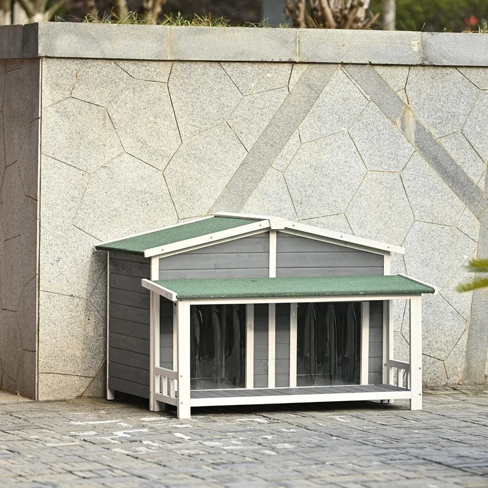 47.2'' Large Wooden Dog House Outdoor, Outdoor & Indoor Dog Crate, Cabin Style, with Porch, 2 Doors, Gray and Green