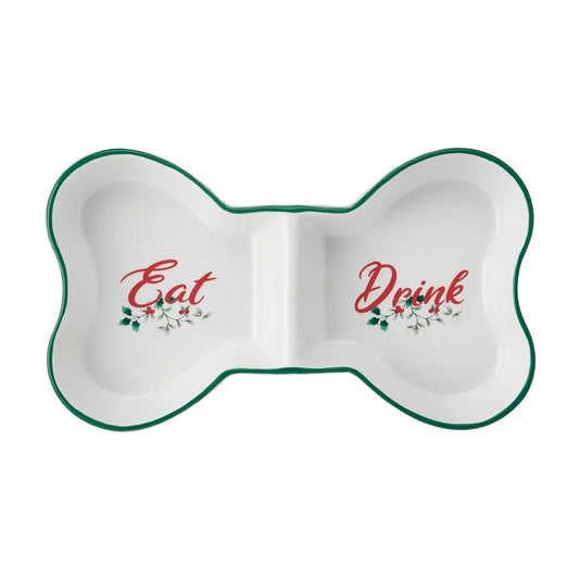 Winterberry Dolomite Divided Pet Bowl Festive Bone Design Dogs Eat Drink Compartments Durable Gift Box Easy Care 14oz Capacity