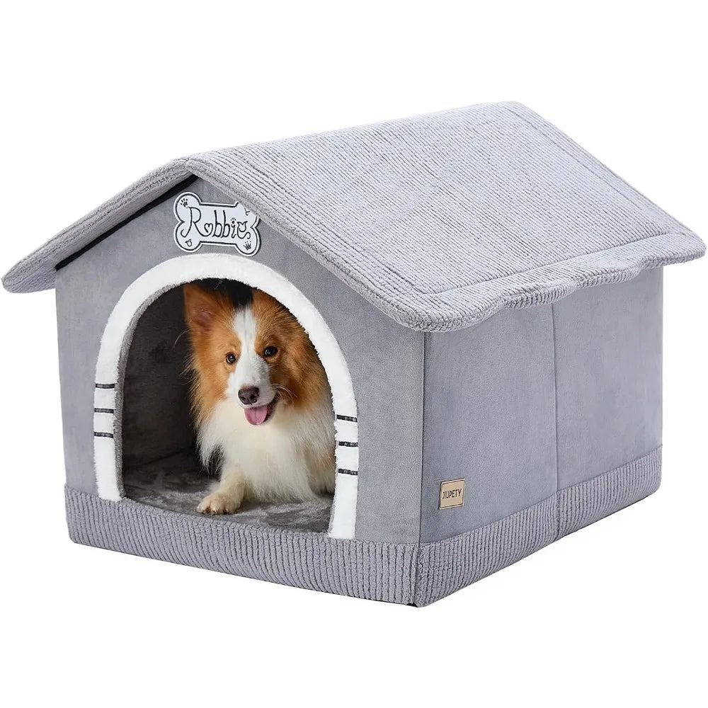 Indoor Dog House with Frame, Large Dog Cave Bed, Insulated Cozy, Suitable for 25-60 lb, Large Plus (30"×26"×25"), Gray