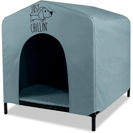Just Chillin’ Portable Dog House. Elevated Pet Shelter for Indoor and Outdoor Use. Made of Water Resistant Breathable Oxford Fa