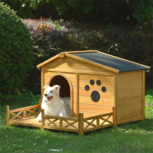 48" Wooden Dog House Outdoor with Porch, Dog Kennel with Water-Resistant Asphalt Roof and Fencing,Indoor & Outdoor Dog Crate