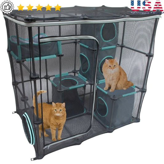 Outdoor Cat Catio Play Kit Expandable Mesh Enclosure with Cubby Hideaways and Zip Door Access Multiple Cats