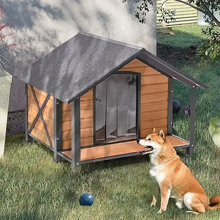 Outdoor Dog House,Weatherproof Wooden Dog Shelter for Medium to Large Sized Dogs,Iron Frame Indoor Outdoor Doghouse,Puppy Kennel