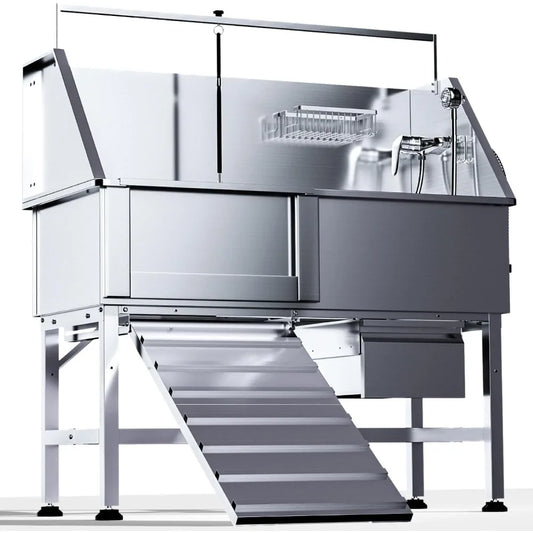 46" Dog Washing Station, Professional Stainless Steel Dog Bathtub w/Ramp & Storage Drawer, Adjustable Grate, Non-Slip Design, Pe