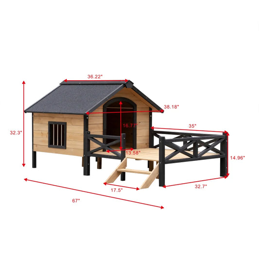 Outdoor large wooden house style wooden dog house with porch, porch and protective fence, waterproof tile roof