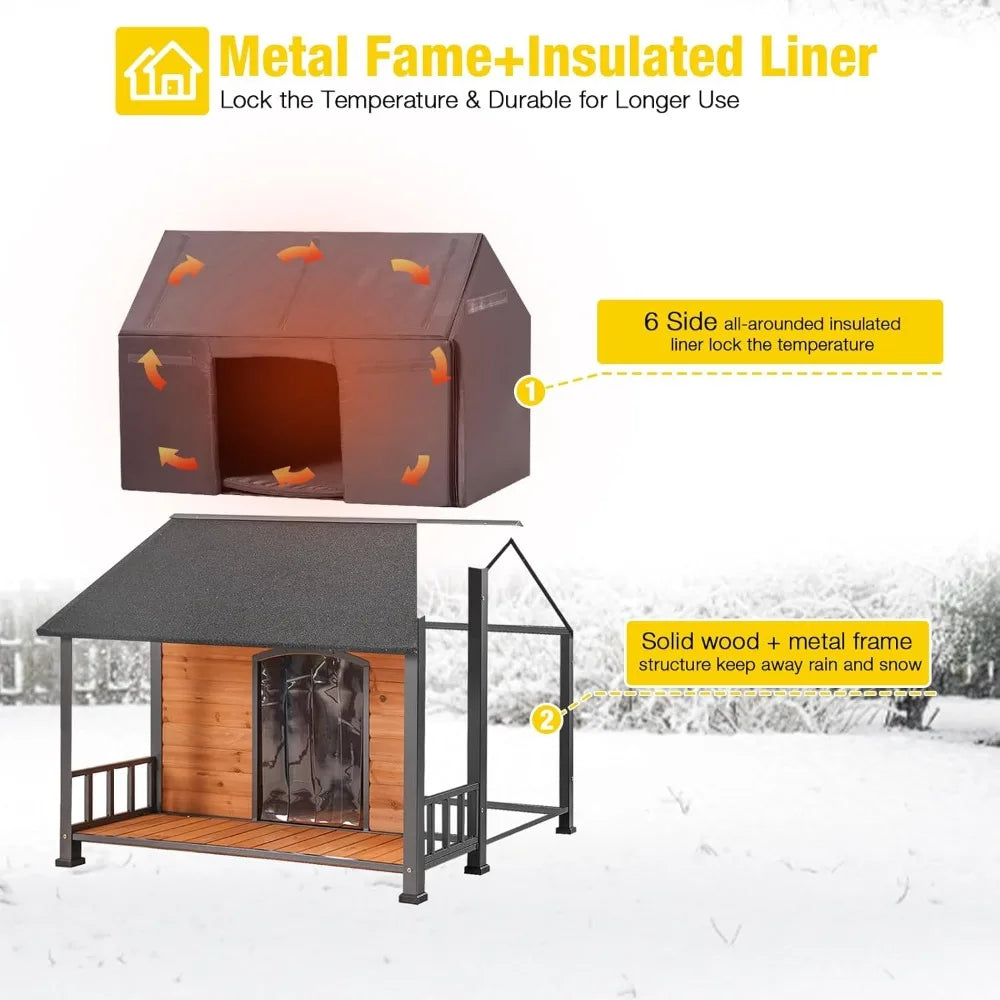 Dog House Outdoor Insulated Large Puppy Kennel with Metal Frame 47.2" L for Medium to Large Dogs Weatherproof with Removable Fl
