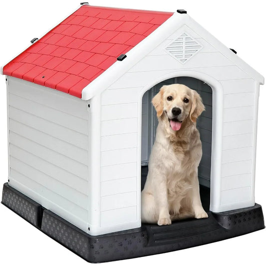 Large Plastic Dog House - Waterproof Dog Kennel with Air Vents and Elevated Floor All Weather Indoor Outdoor Insulated Doghouse