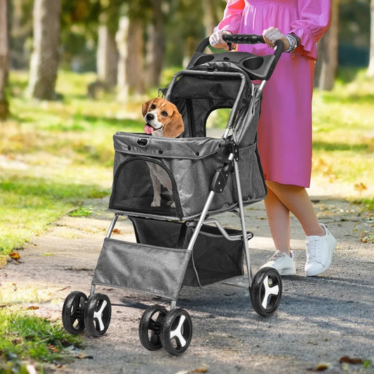 Foldable Pet Stroller Small Medium Dogs Cats 360° Rotating Wheels with Storage Cup Holders Safety Belts Rain Cover
