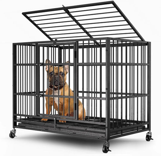38" Heavy Duty Dog Crates for Small Dogs, Escape Proof, Upgraded 4 Lockable Wheels, Removable Door, Dog Kennel Indoor, Max Load