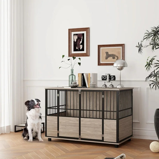 Dog Crate Furniture, 46" Wooden Dog Kennel Furniture, Dog Crate Table with Double Doors for Small To Large, Walnut Wood Finish