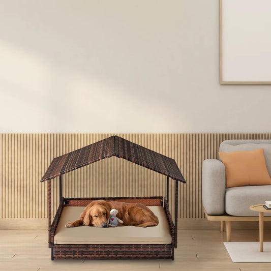 Elevated Rattan Dog Bed with Canopy and Washable Cushion Cover,for Small Medium Dogs Cats, Indoor Outdoor Raised Pet House