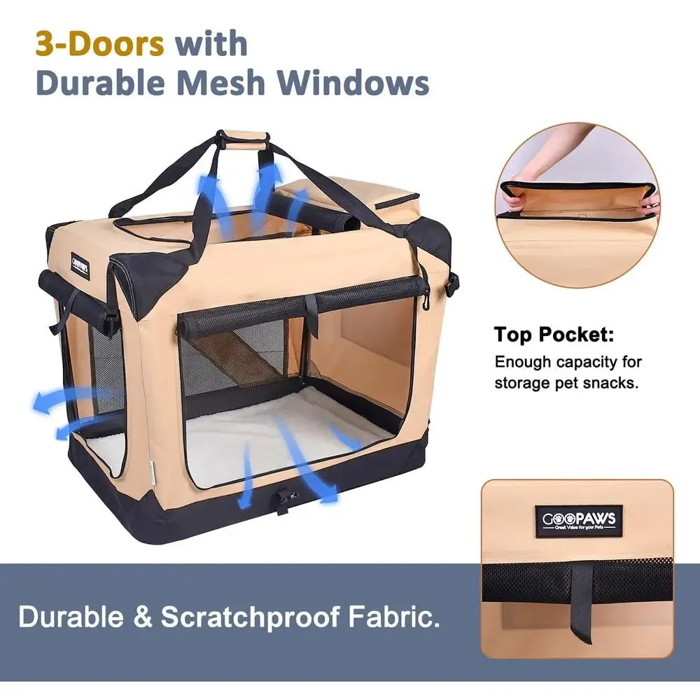 Soft Foldable Portable Dog Crate 36" Beige Security Breathable 3 Door Kennel Travel Carrier Indoor & Outdoor Mesh Bed Pad
