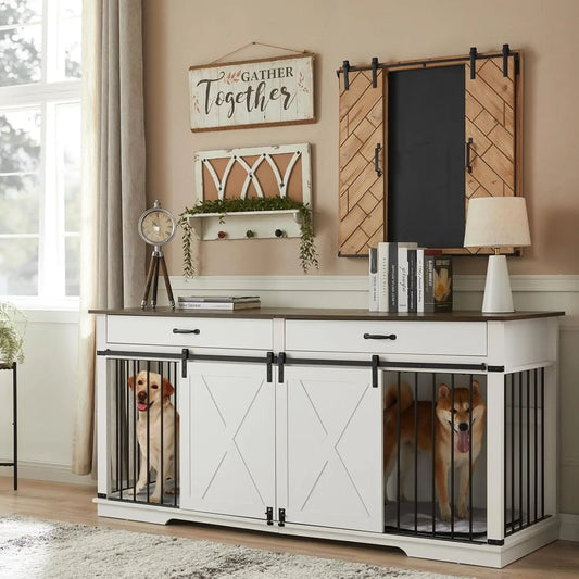 72.5" Large Dog Crate Furniture for 2 Dogs, Wooden Dog Kennel with Drawers, Sliding Barn Door, Style Double Dog Crates, White