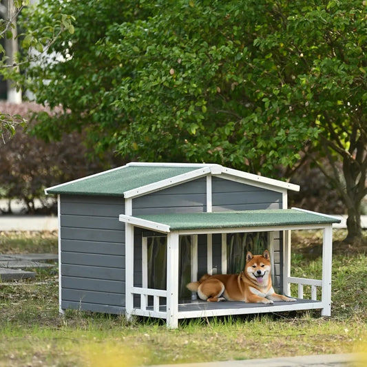 47.2'' Large Wooden Dog House Outdoor, Outdoor & Indoor Dog Crate, Cabin Style, with Porch, 2 Doors, Gray and Green