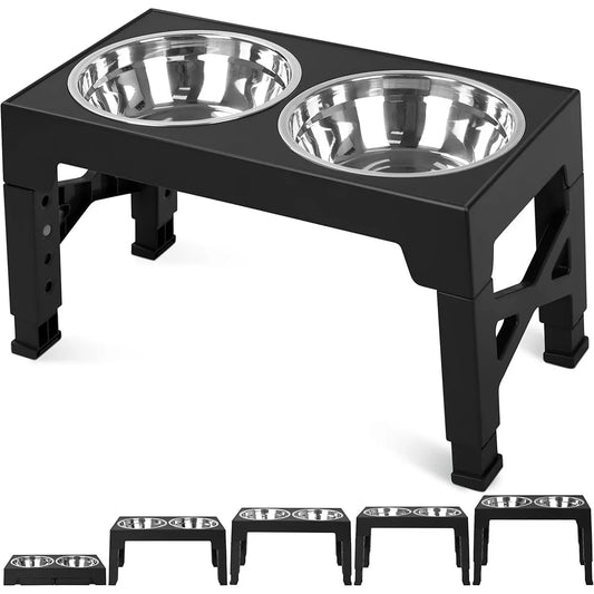 Elevated Dog Bowls with Adjustable Stand 5 Heights Includes 2 Stainless Steel Bowls Anti-slip Easy Clean Feeding Station