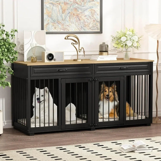Dog Kennel Furniture, 64.6 Inch Heavy Duty Wooden Large Furniture Style Dog Crate with Drawers & Divider, Indoor Dog House