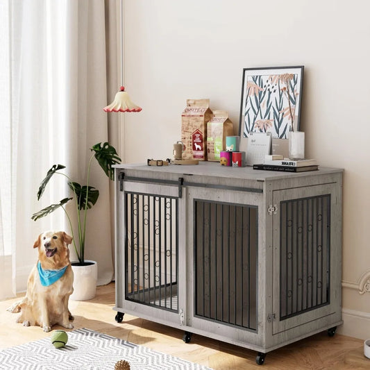 Large Dog Crate Furniture, 47" Wooden Dog Kennel with Sliding Barn Door, Flip-Top Lid & Wheels, Indoor Pet Crate Table with Det